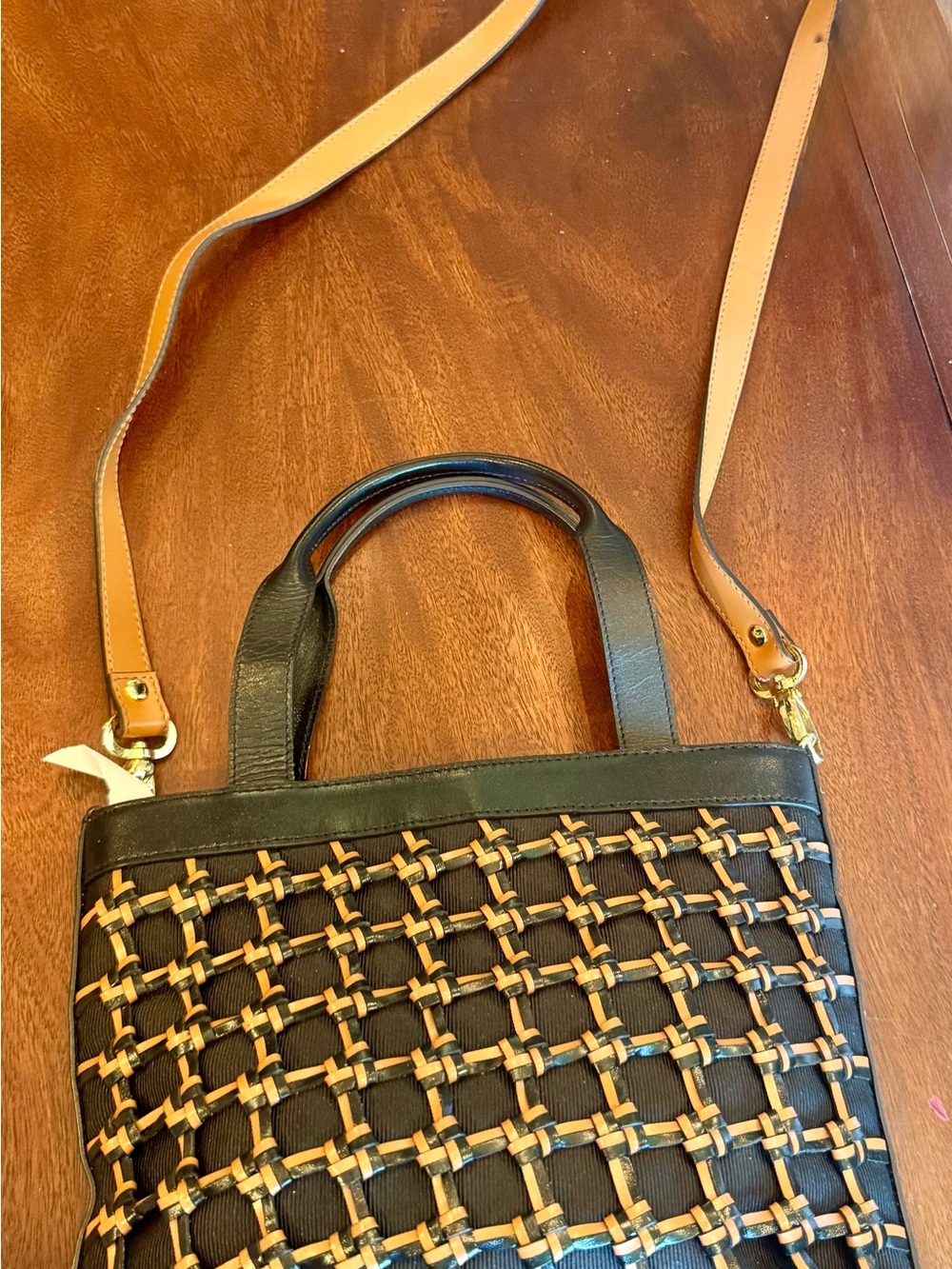 Woven Black and Tan Crossbody Tote Bag